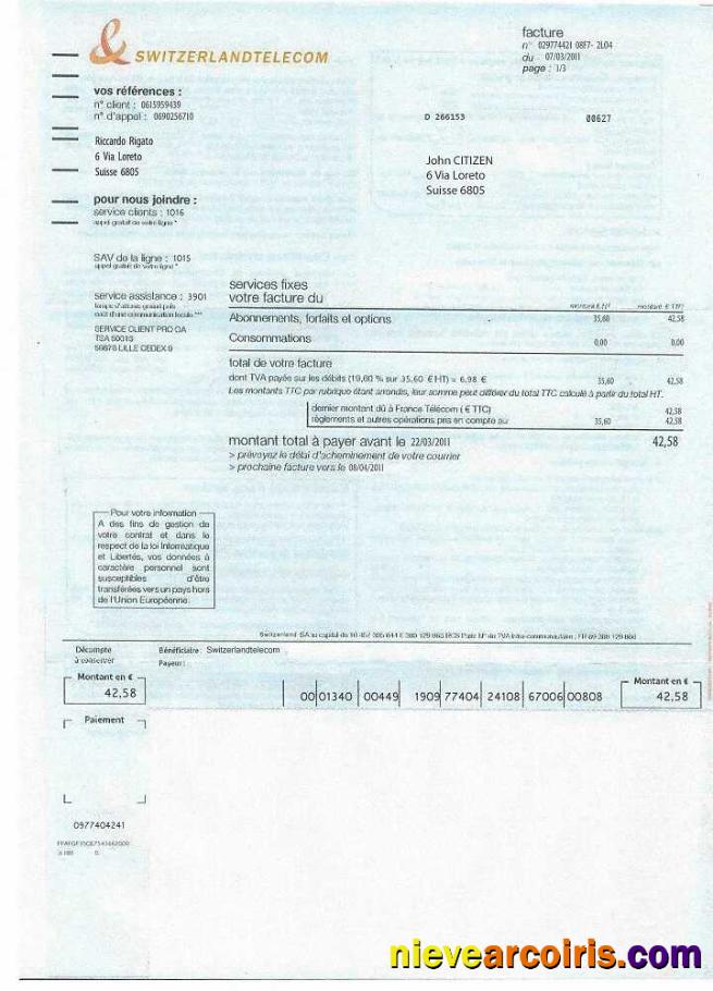Switzerland Telecom utility bill